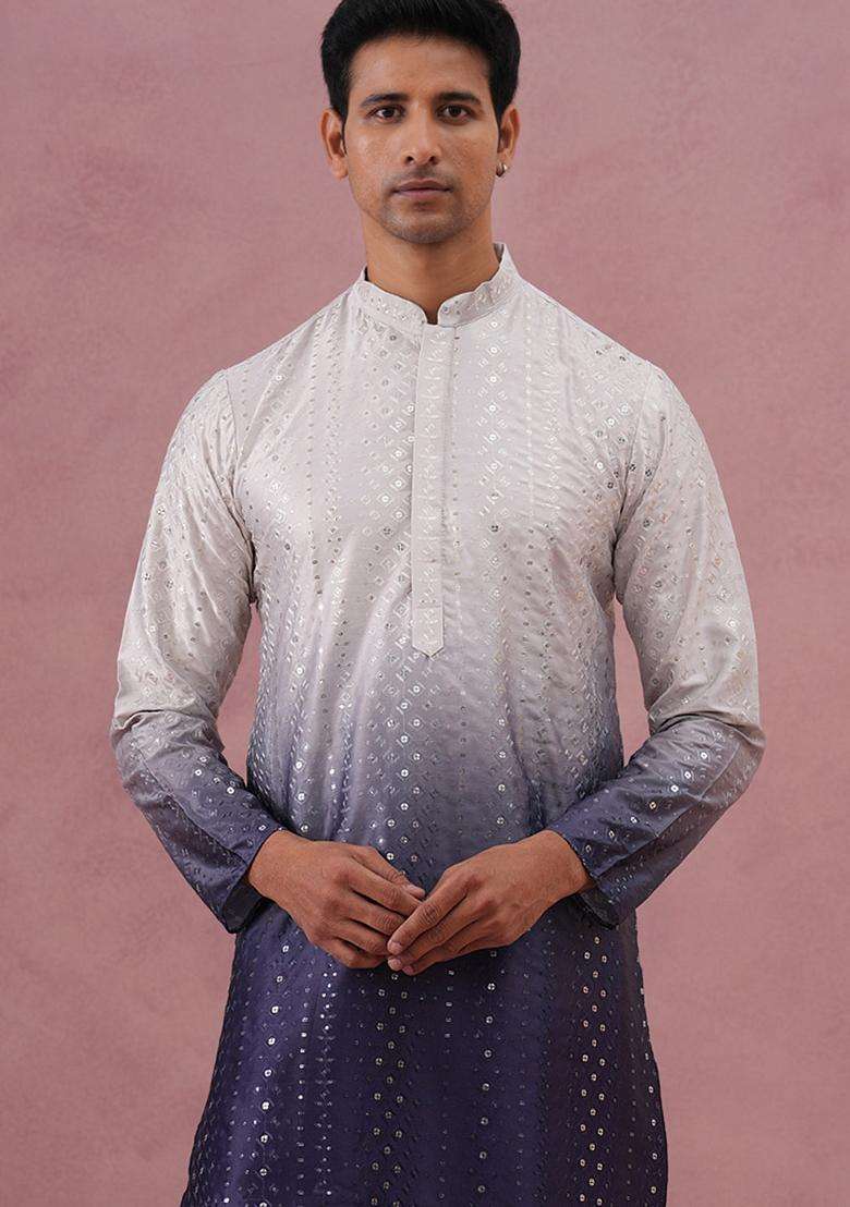 Purple Embroidery Silk Blend Kurta Pyjama Set For Men - Indya