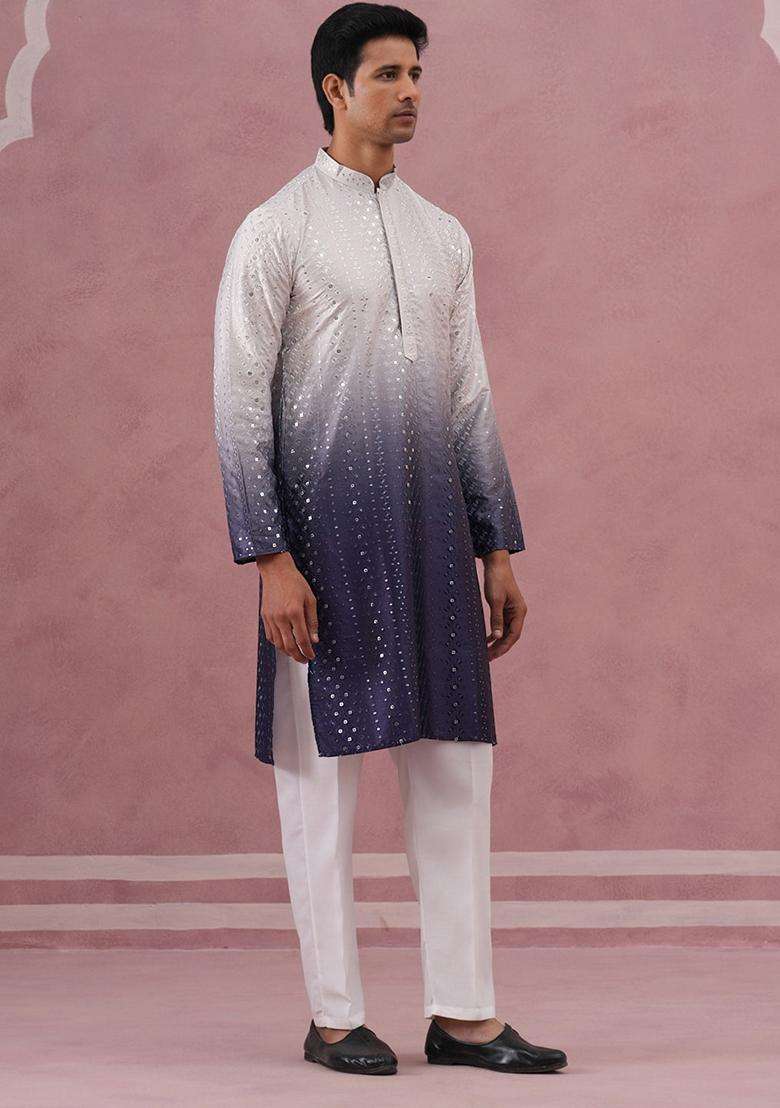 Purple Embroidery Silk Blend Kurta Pyjama Set For Men - Indya
