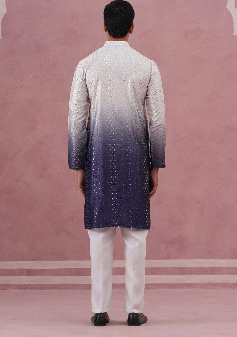 Purple Embroidery Silk Blend Kurta Pyjama Set For Men - Indya
