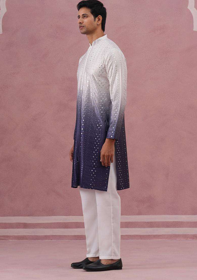 Purple Embroidery Silk Blend Kurta Pyjama Set For Men - Indya