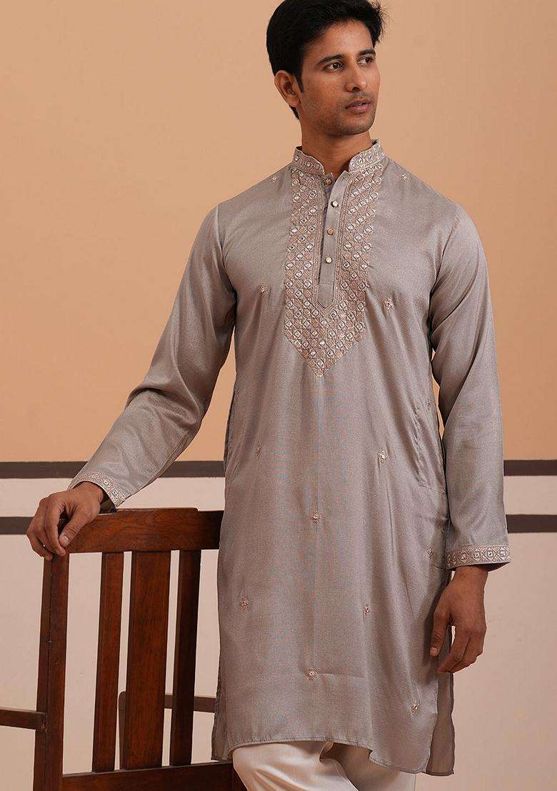 Grey Embroidery Silk Blend Kurta Pyjama Set For Men - Indya