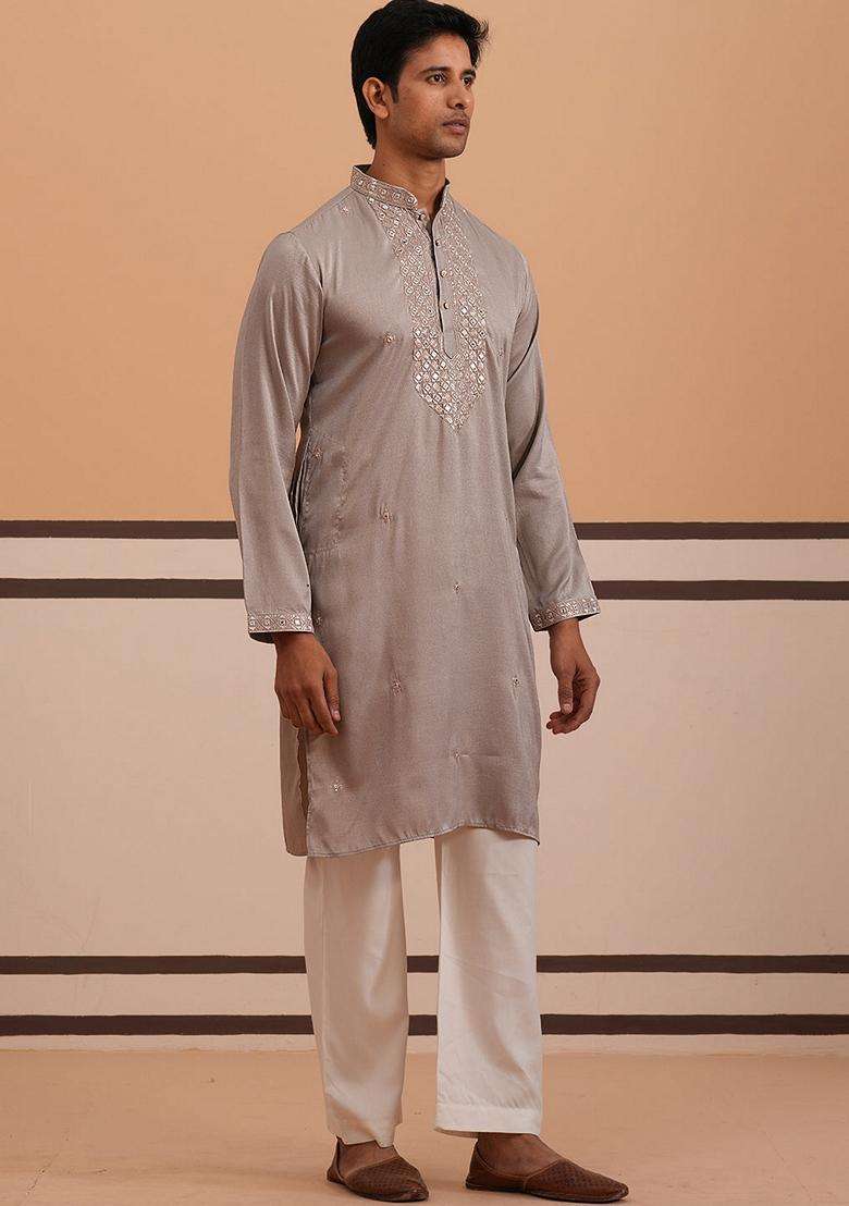 Grey Embroidery Silk Blend Kurta Pyjama Set For Men - Indya