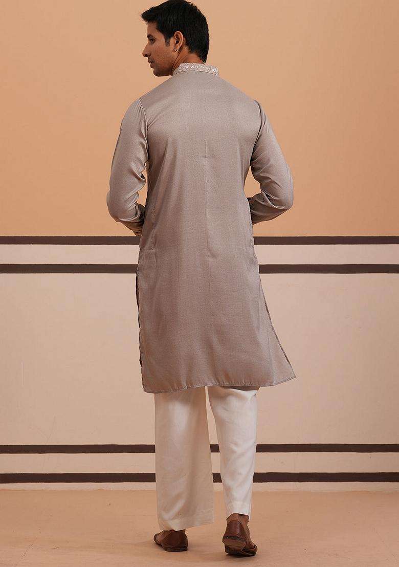 Grey Embroidery Silk Blend Kurta Pyjama Set For Men - Indya