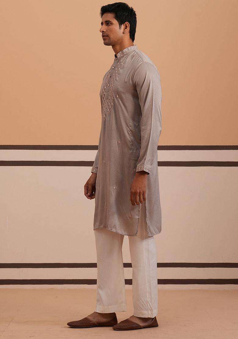 Grey Embroidery Silk Blend Kurta Pyjama Set For Men - Indya