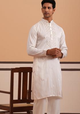 White Embroidery Silk Kurta Pyjama Set For Men