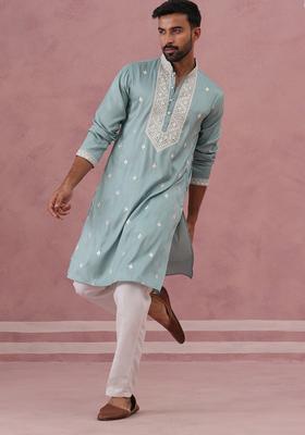Blue Embroidery Silk Blend Kurta Pyjama Set For Men