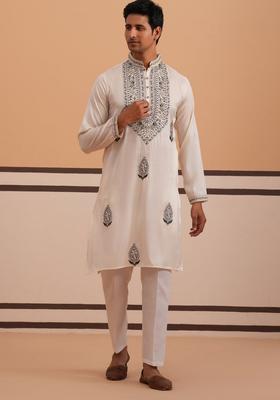 White Embroidery Silk Kurta Pyjama Set For Men