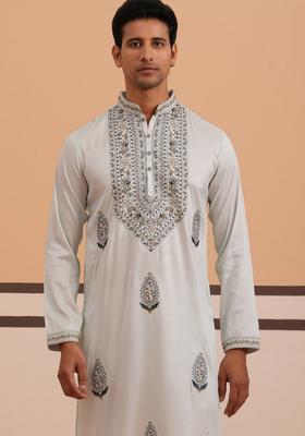 Blue Embroidery Silk Blend Kurta Pyjama Set For Men