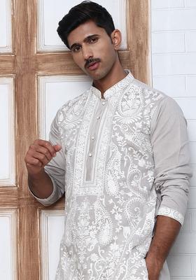 Grey Embroidery Silk Blend Kurta Pyjama Set For Men