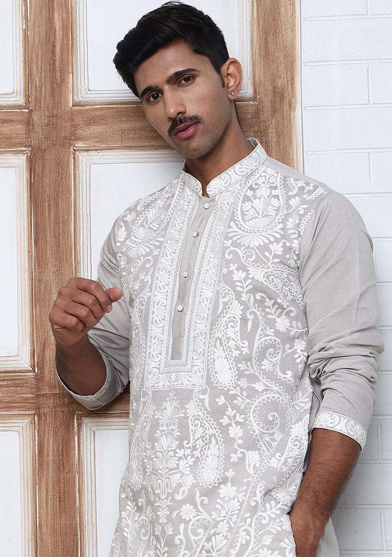 Grey Embroidery Silk Blend Kurta Pyjama Set For Men - Indya