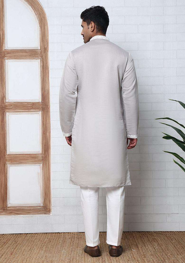 Grey Embroidery Silk Blend Kurta Pyjama Set For Men - Indya