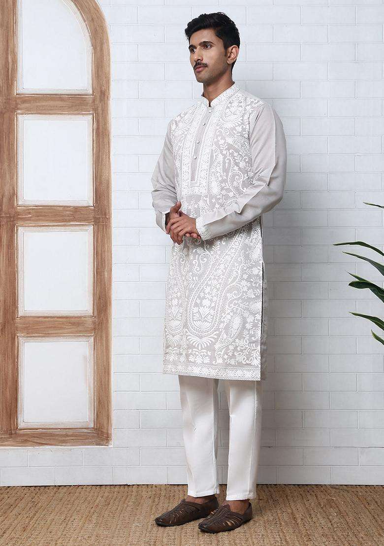 Grey Embroidery Silk Blend Kurta Pyjama Set For Men - Indya