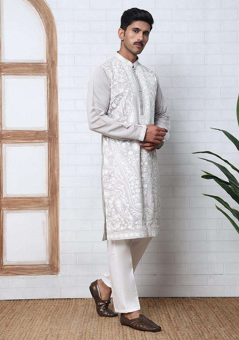 Grey Embroidery Silk Blend Kurta Pyjama Set For Men - Indya