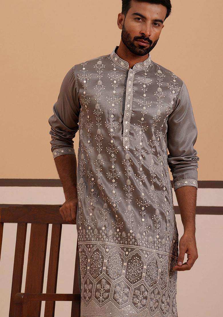 Grey Embroidery Silk Blend Kurta Pyjama Set For Men - Indya