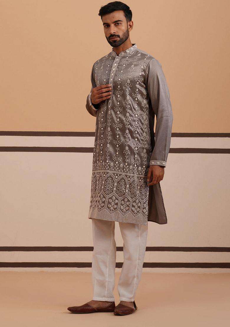 Grey Embroidery Silk Blend Kurta Pyjama Set For Men - Indya