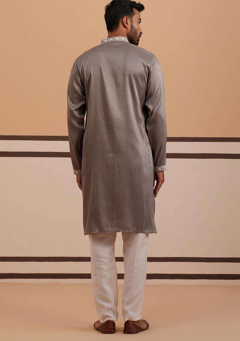 Grey Embroidery Silk Blend Kurta Pyjama Set For Men - Indya