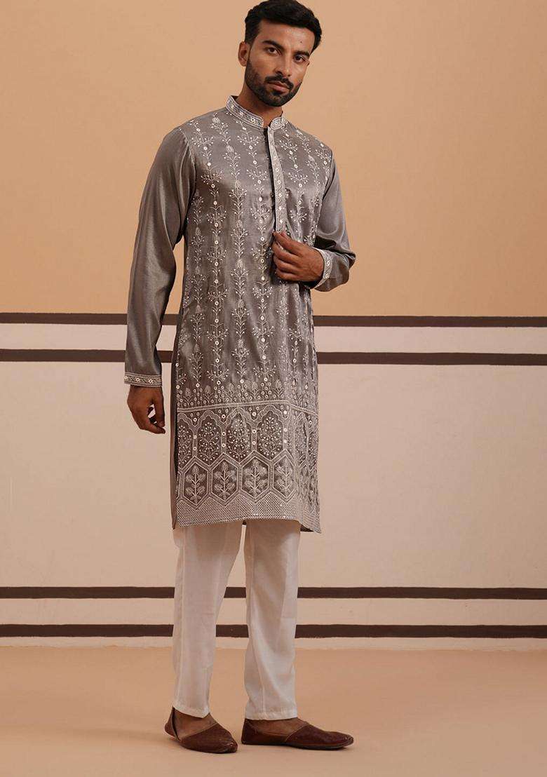 Grey Embroidery Silk Blend Kurta Pyjama Set For Men - Indya