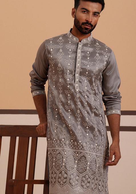 Grey Embroidery Silk Kurta Pyjama Set For Men