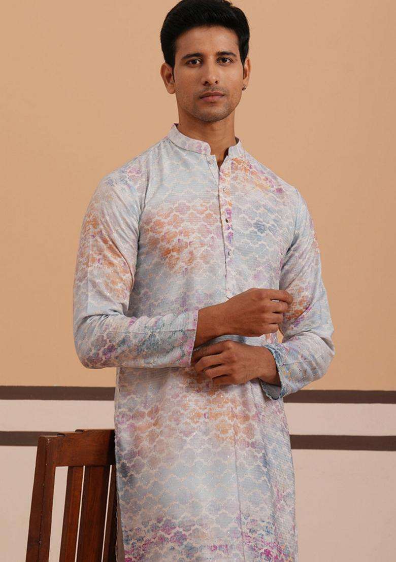 Blue Embroidery Cotton Kurta Pyjama Set For Men - Indya