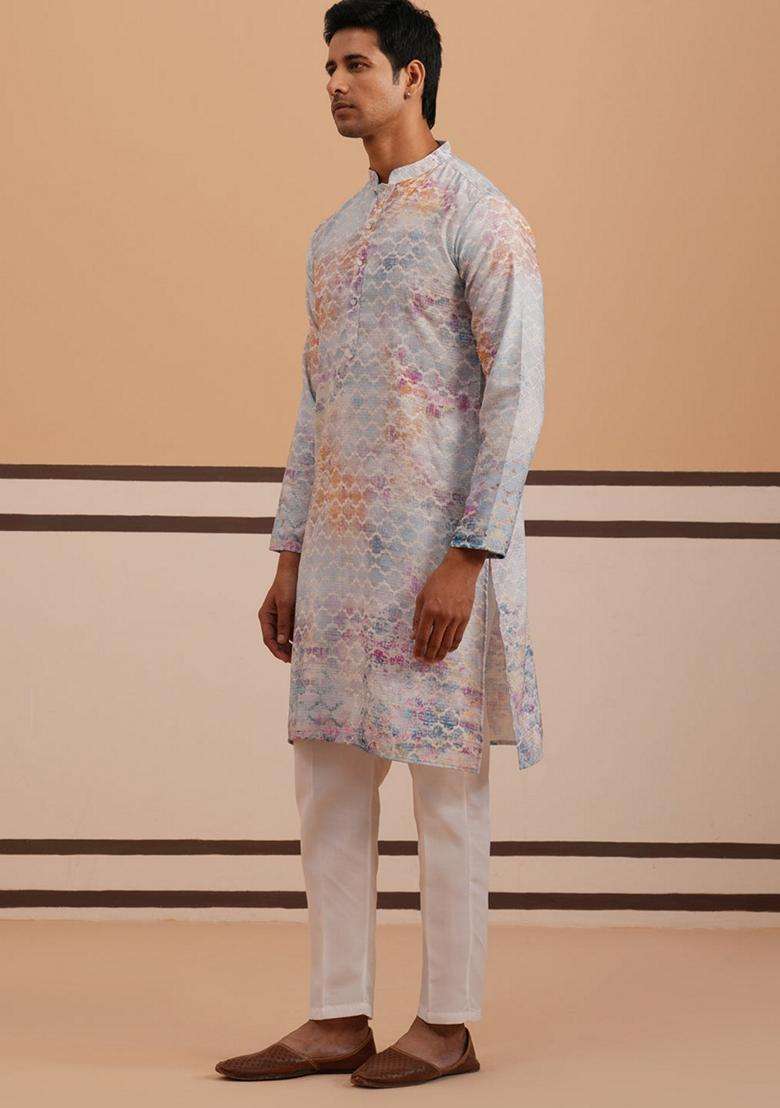 Blue Embroidery Cotton Kurta Pyjama Set For Men - Indya