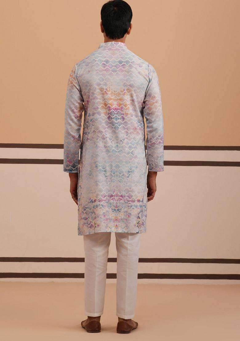 Blue Embroidery Cotton Kurta Pyjama Set For Men - Indya