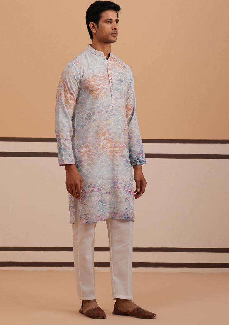 Blue Embroidery Cotton Kurta Pyjama Set For Men - Indya