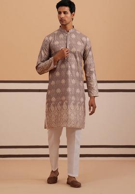 Grey Embroidery Cotton Kurta Pyjama Set For Men