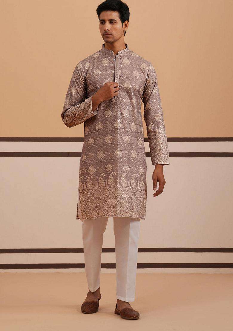 Grey Embroidery Cotton Kurta Pyjama Set For Men - Indya
