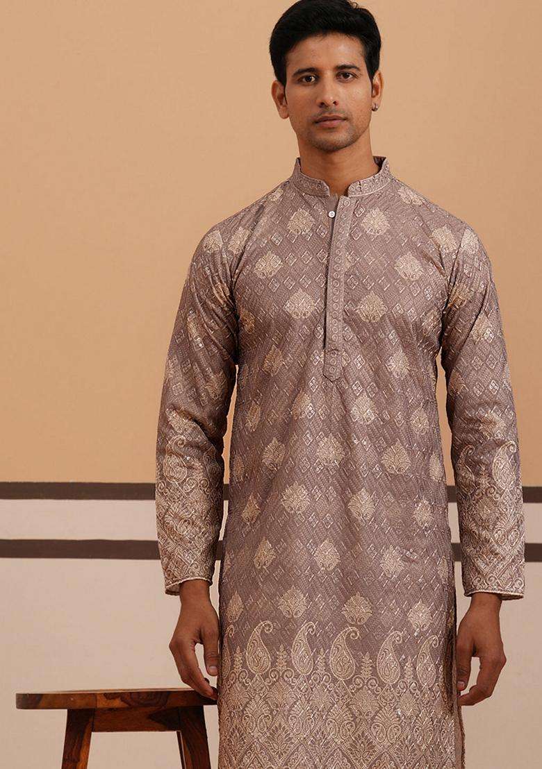 Grey Embroidery Cotton Kurta Pyjama Set For Men - Indya