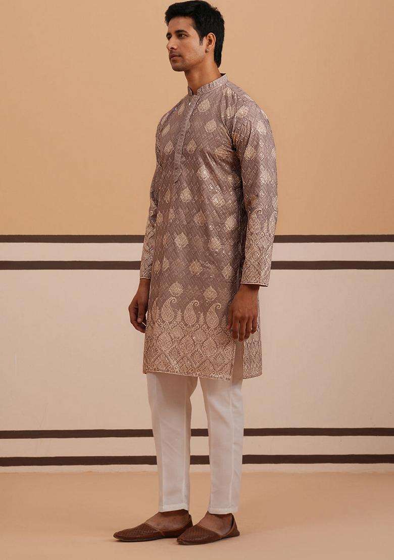 Grey Embroidery Cotton Kurta Pyjama Set For Men - Indya