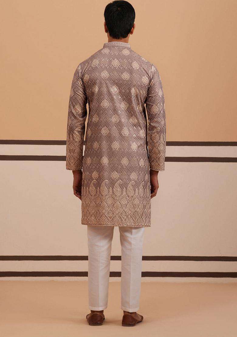 Grey Embroidery Cotton Kurta Pyjama Set For Men - Indya