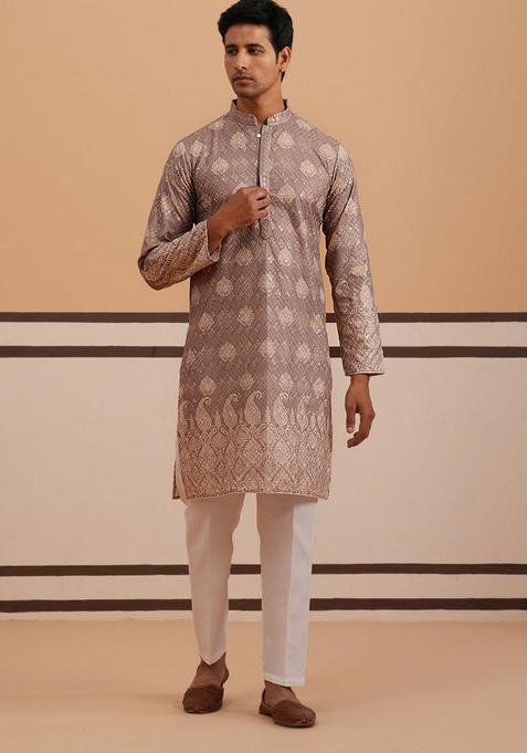 Grey Embroidery Cotton Kurta Pyjama Set For Men