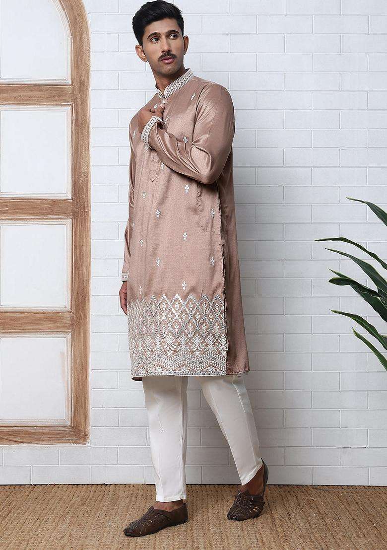 Brown Embroidery Silk Blend Kurta Pyjama Set For Men - Indya