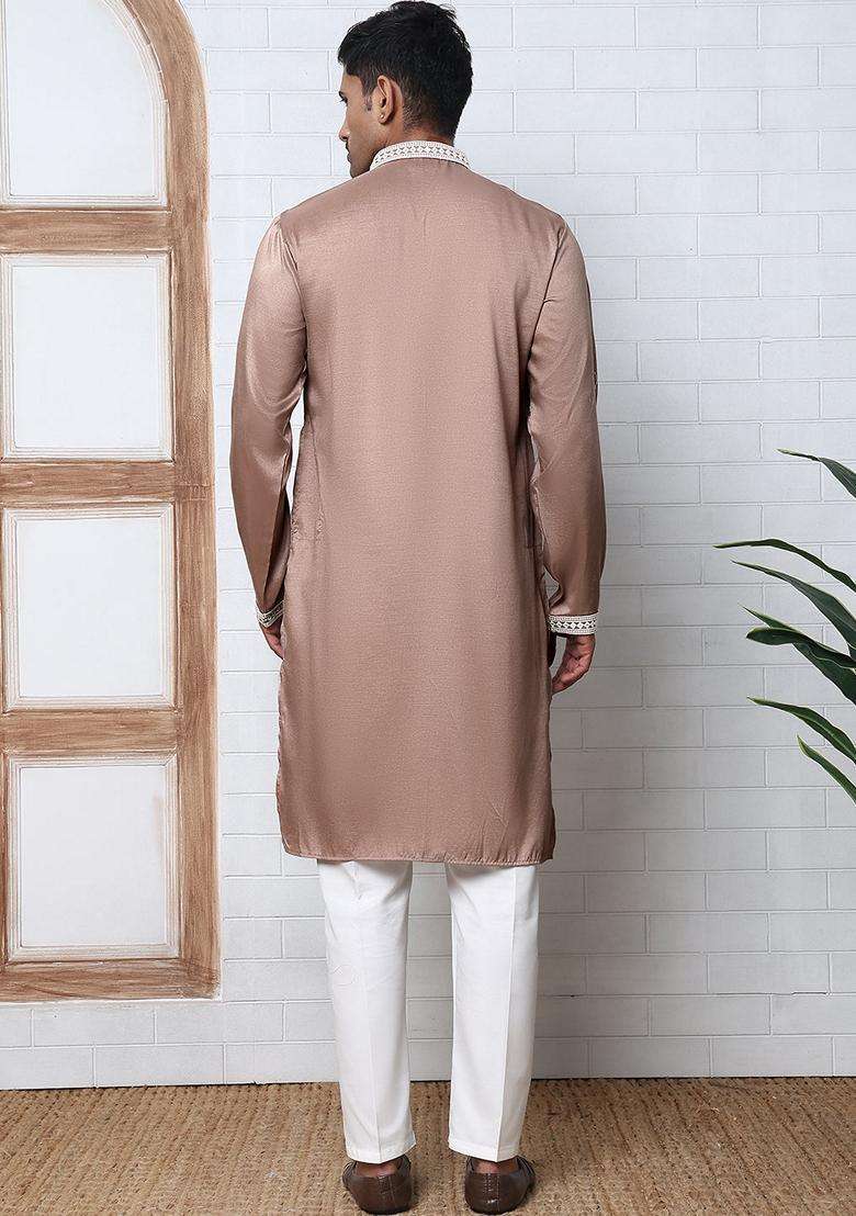 Brown Embroidery Silk Blend Kurta Pyjama Set For Men - Indya