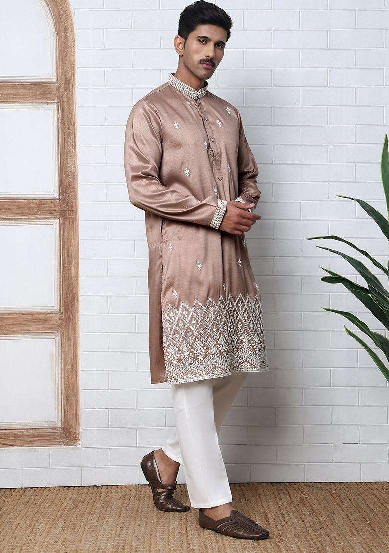 Brown Embroidery Silk Blend Kurta Pyjama Set For Men - Indya