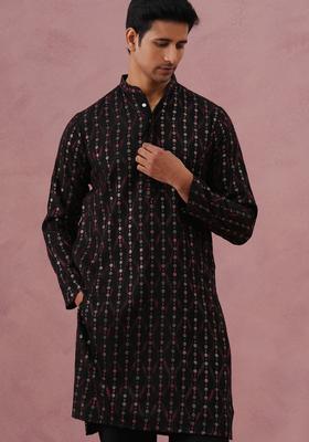 Black Embroidery Silk Kurta Pyjama Set For Men
