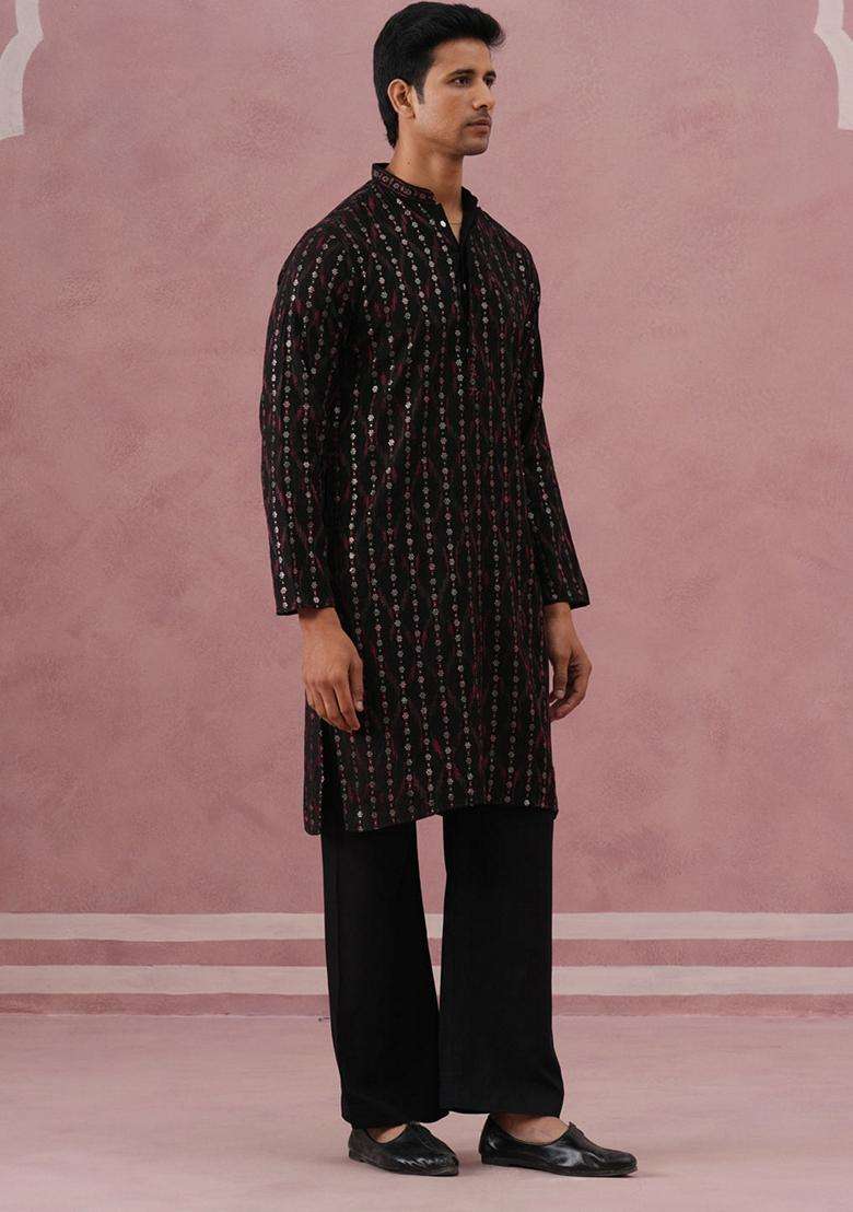 Black Embroidery Silk Blend Kurta Pyjama Set For Men - Indya