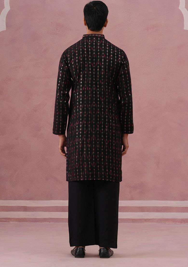 Black Embroidery Silk Blend Kurta Pyjama Set For Men - Indya