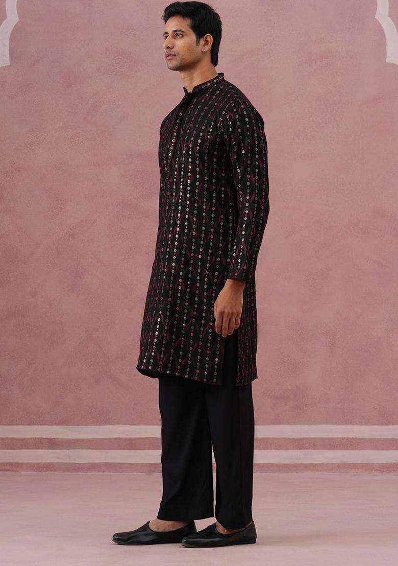 Black Embroidery Silk Blend Kurta Pyjama Set For Men - Indya