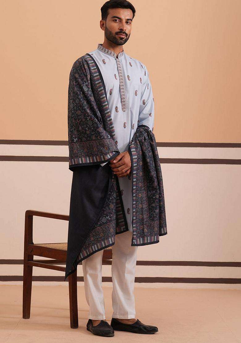 Blue Printed Cotton Kurta Pyjama Set For Men - Indya