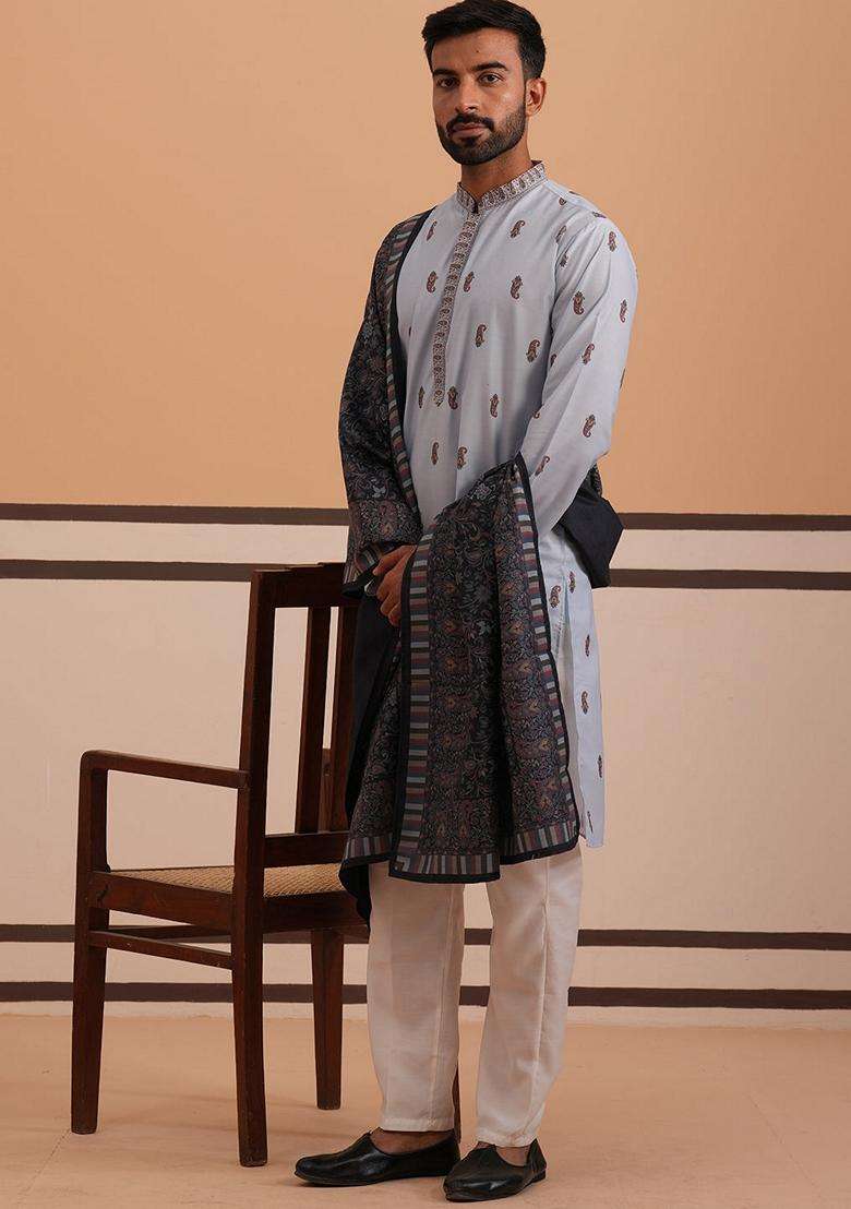 Blue Printed Cotton Kurta Pyjama Set For Men - Indya