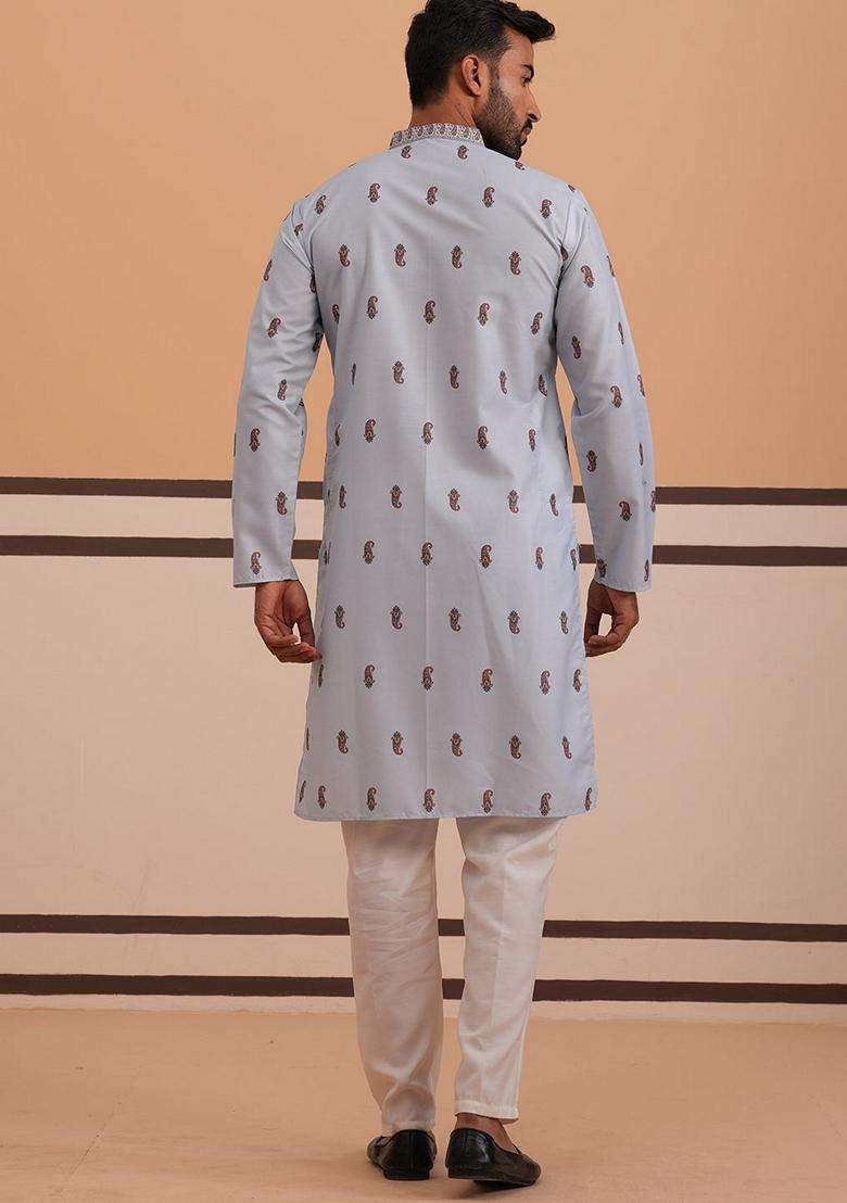 Blue Printed Cotton Kurta Pyjama Set For Men - Indya