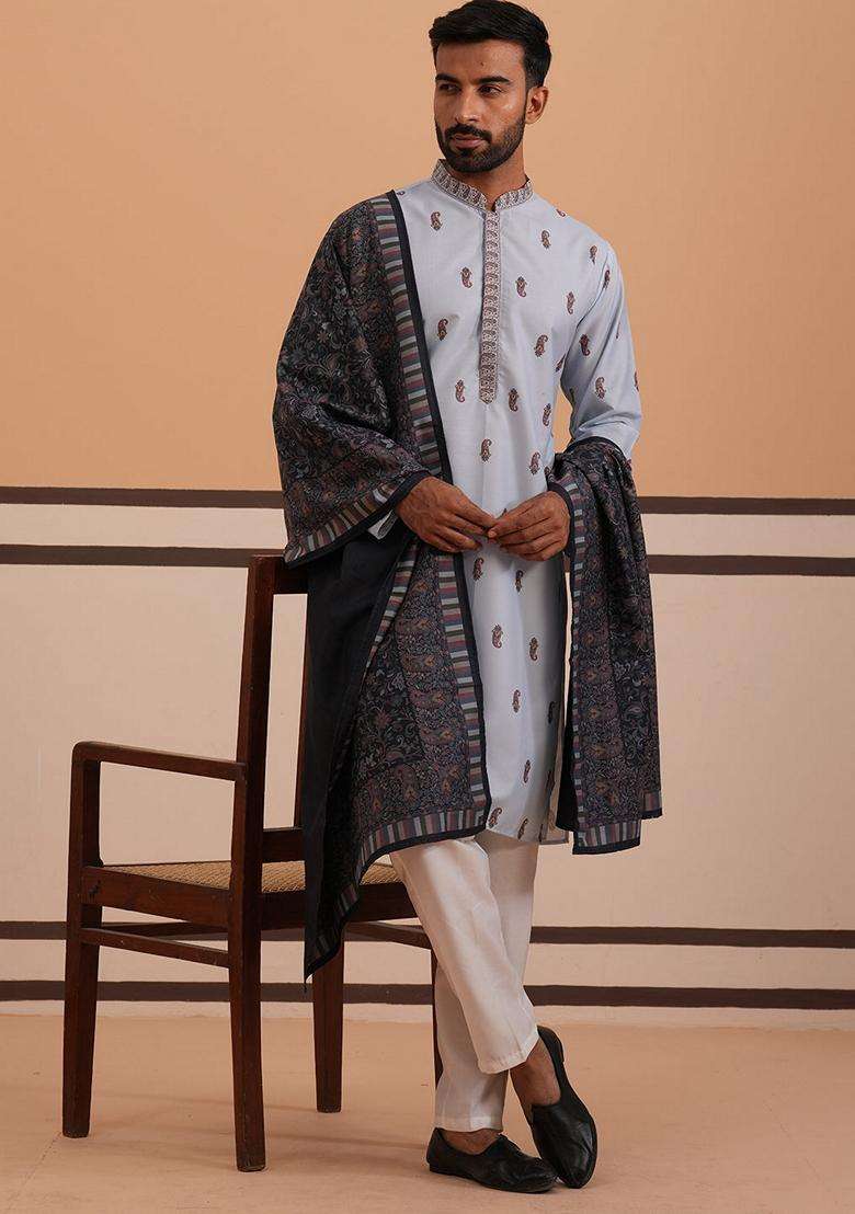 Blue Printed Cotton Kurta Pyjama Set For Men - Indya