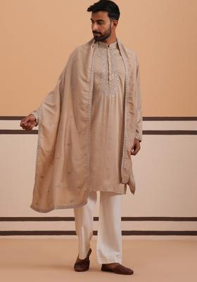 Beige Embroidery Silk Kurta Pyjama Set For Men