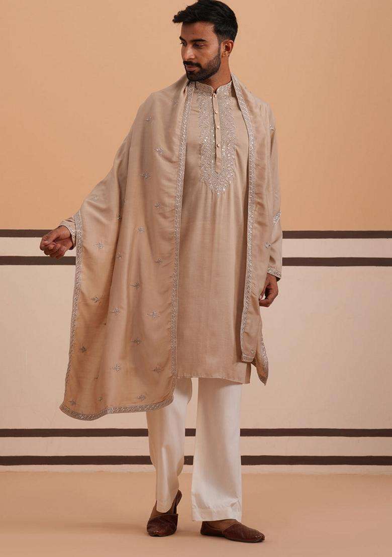 Beige Embroidery Silk Blend Kurta Pyjama Set For Men - Indya