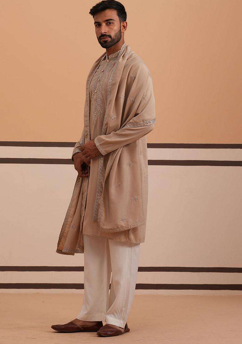Beige Embroidery Silk Blend Kurta Pyjama Set For Men - Indya