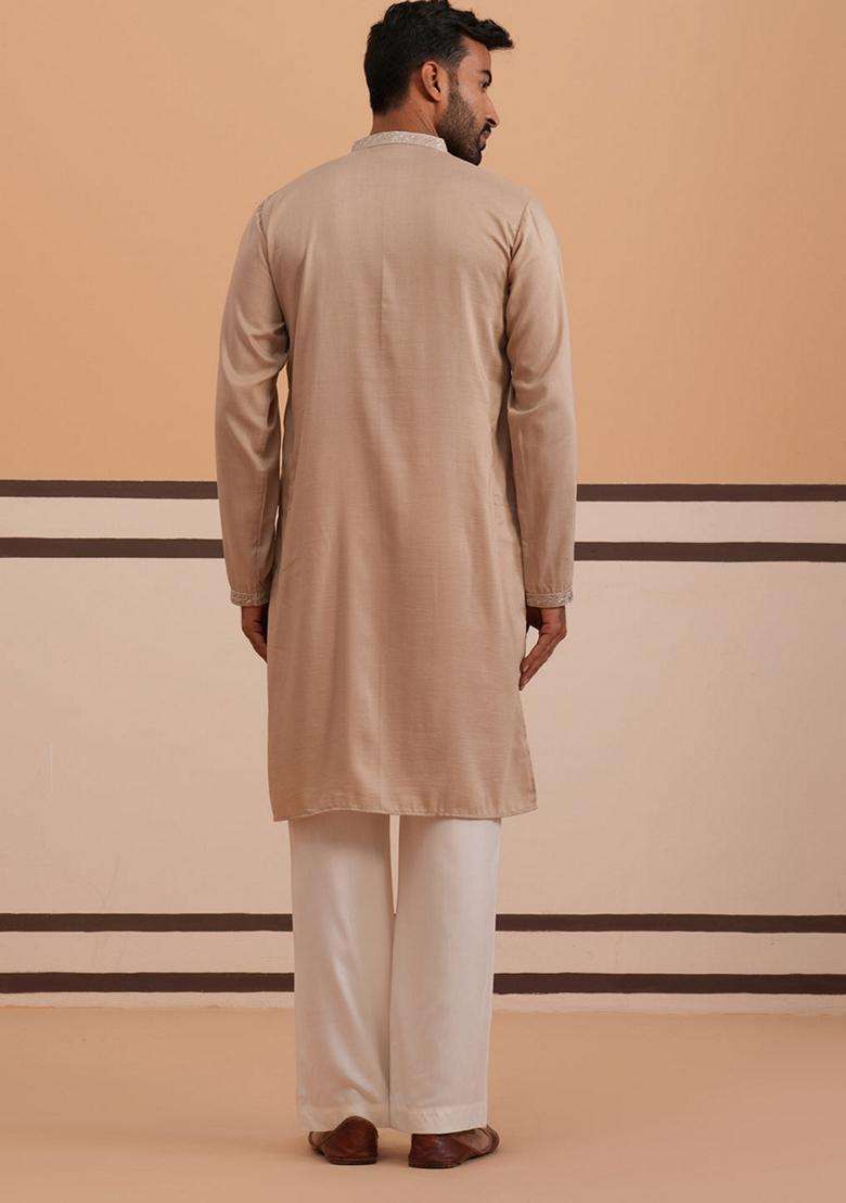 Beige Embroidery Silk Blend Kurta Pyjama Set For Men - Indya