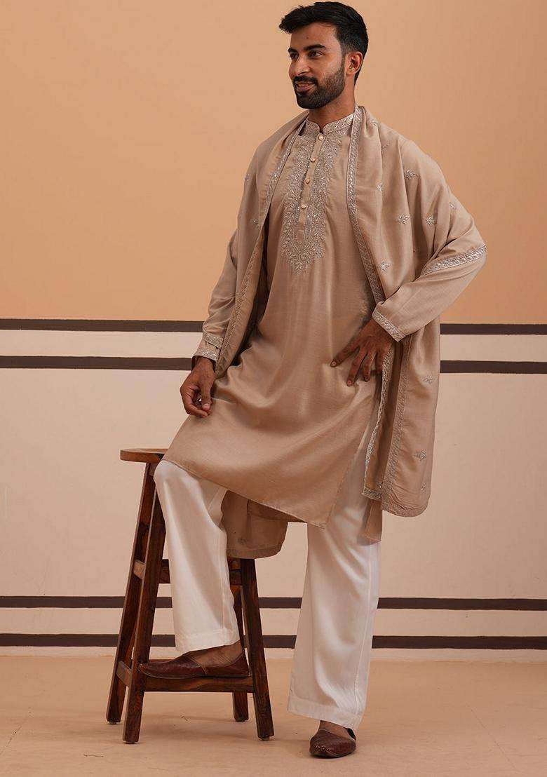 Beige Embroidery Silk Blend Kurta Pyjama Set For Men - Indya