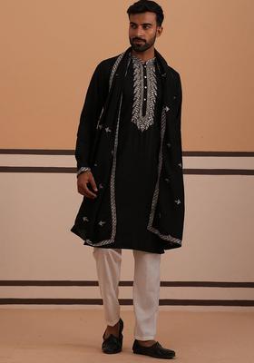 Black Embroidery Silk Blend Kurta Pyjama Set For Men