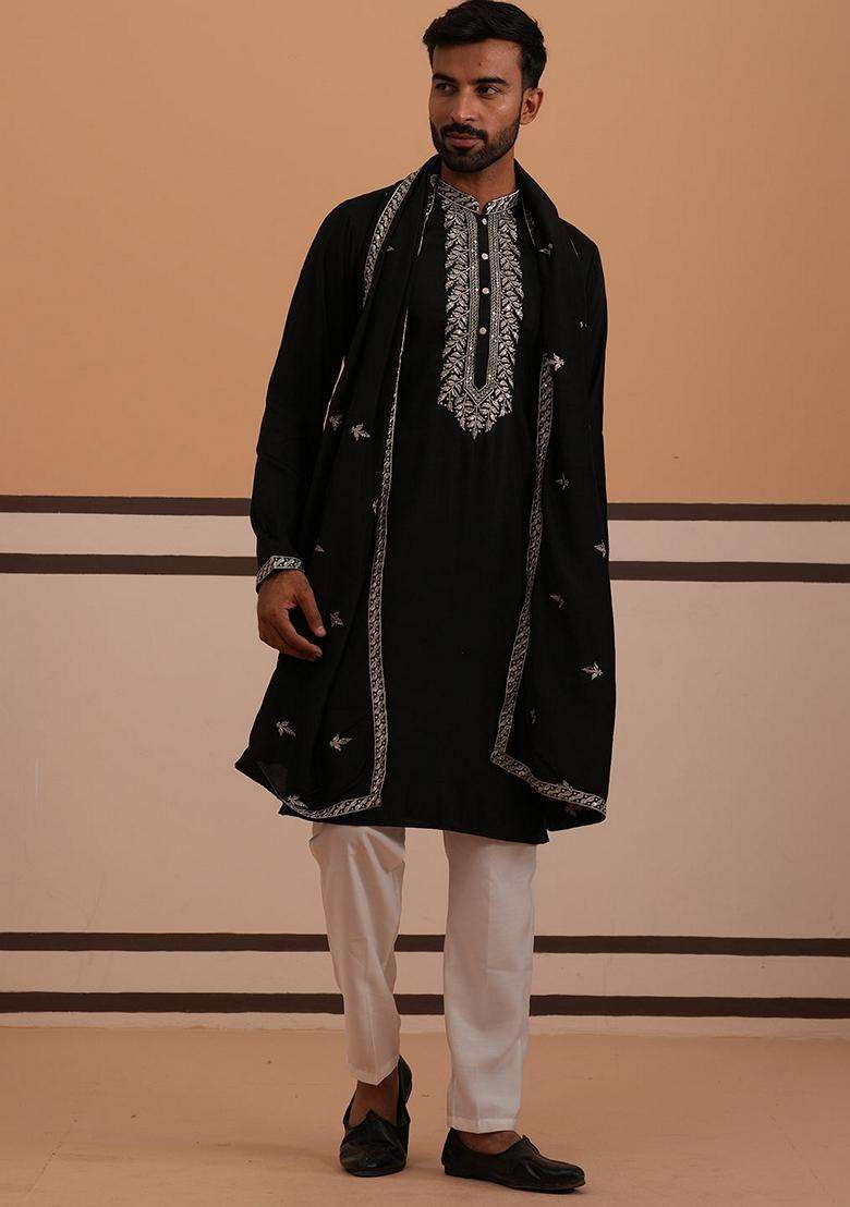 Black Embroidery Silk Blend Kurta Pyjama Set For Men - Indya